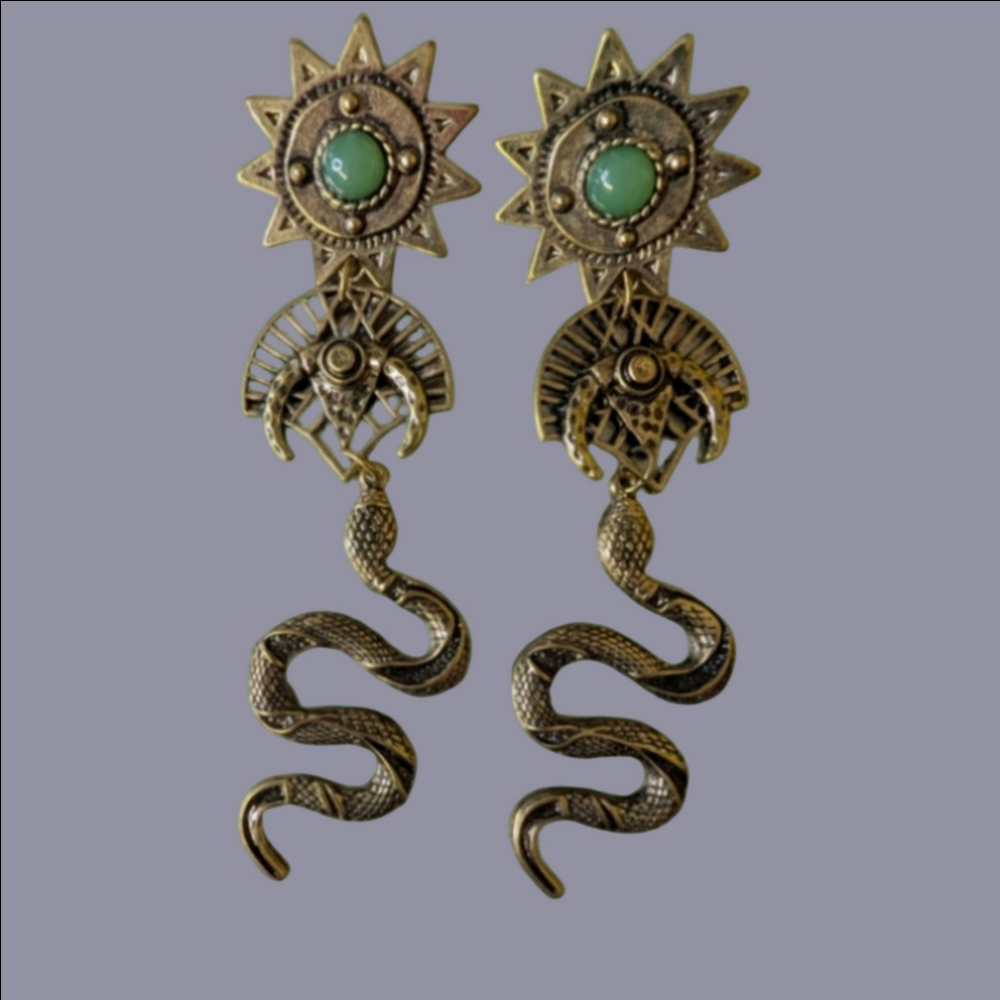 Earrings Medieval Goth Grunge Snake Bohemian Style Brass Gold Tone Post